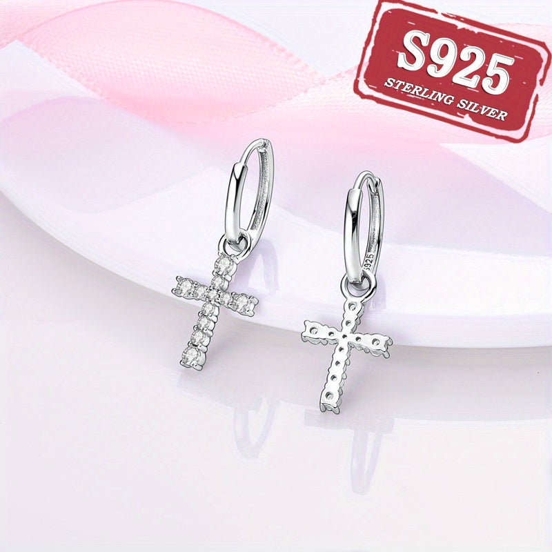 Sterling 925 Silver Cross Design Zircon Dangle Earrings