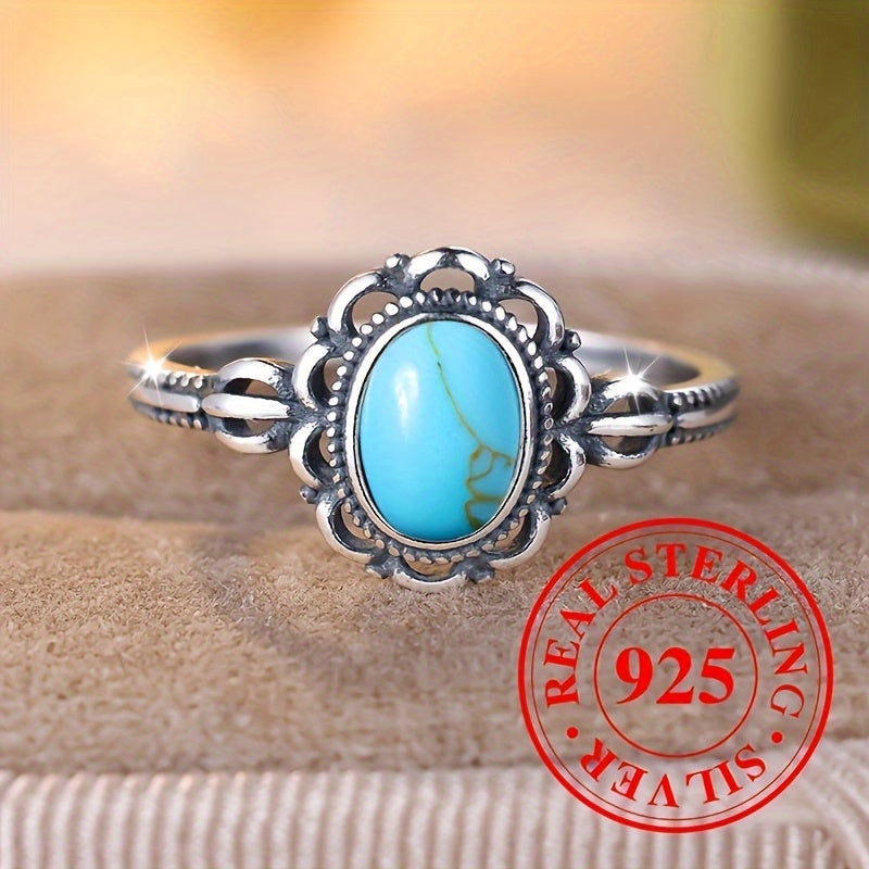 925 Sterling Silver Turquoise Egg Shape Carving Ring