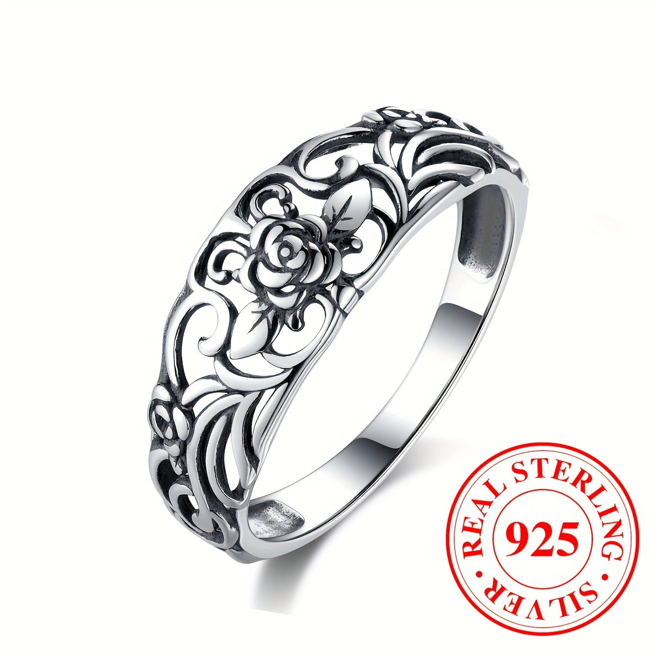 925 Sterling Silver Delicate Rose Design Engagement Ring